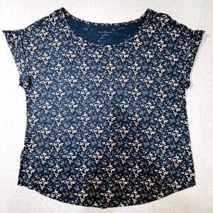 LL Bean Signature T-Shirt Womens L Blue Bird Floral Cotton Modal Dolman Tee